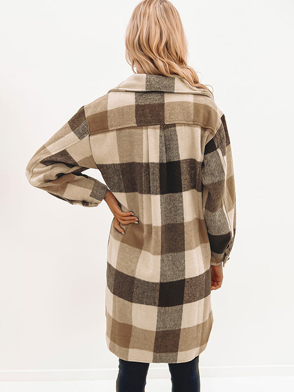 flowersverse Buttoned Plaid Long Sleeves Loose Lapel Outerwear