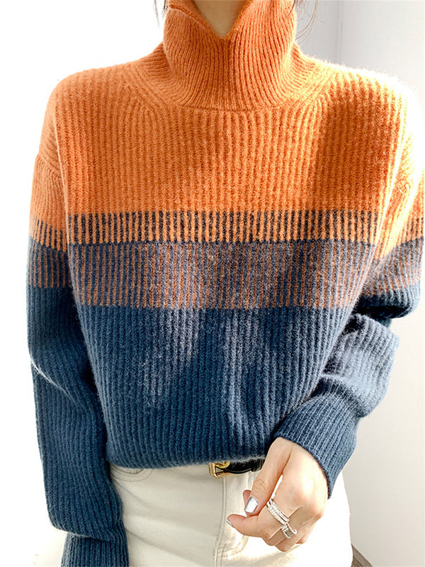 flowersverse Casual Loose Long Sleeves Striped High-Neck Sweater Tops