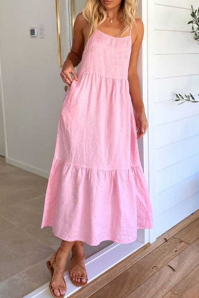 flowersverse Casual Solid Patchwork Spaghetti Strap Cake Skirt Dresses(3 Colors)