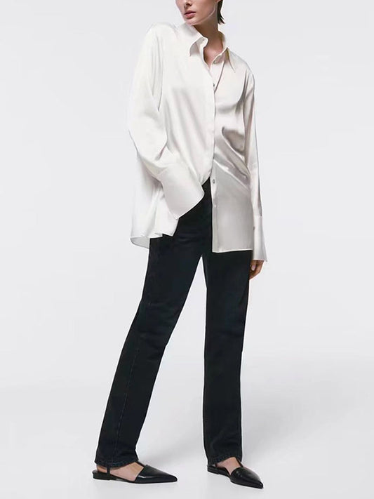 flowersverse Casual Loose Long Sleeves Buttoned Solid Color Lapel Collar Blouses&Shirts Tops