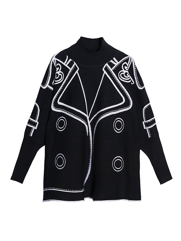 flowersverse Casual Loose Long Sleeves Contrast Color Jacquard High-Neck Sweater Tops
