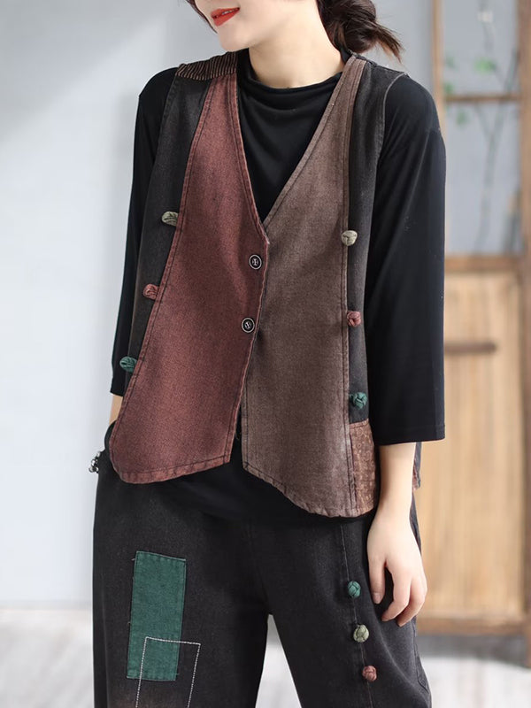 flowersverse Loose Split-Joint V-Neck Vest Top + Jean Harem Pants Bottoms Two Pieces Set