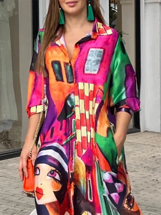 flowersverse Half Sleeves Loose Figure Printed Lapel Collar Maxi Dresses