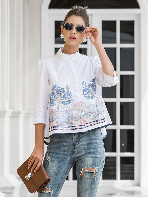 flowersverse Casual Three-Quarter Sleeves Loose Embroidered Stand Collar Blouses&Shirts Tops