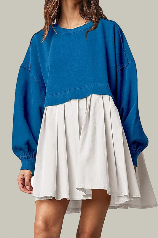 flowersverse Casual Solid Patchwork Contrast O Neck Pleated Dresses(6 Colors)