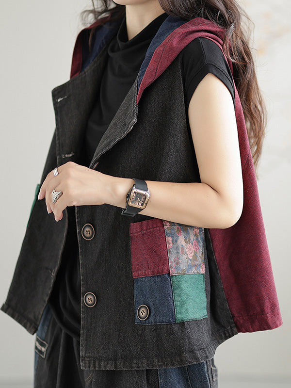 flowersverse Artistic Retro Loose Denim Sleeveless Buttoned Contrast Color Hooded Vest Outerwear