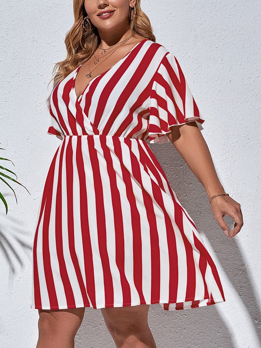 flowersverse Holiday Short Sleeve V Neck A-line Weaving Dress