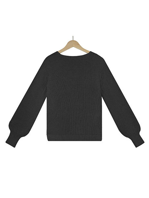 flowersverse Casual Long Sleeves Solid Color V-Neck Sweater Tops