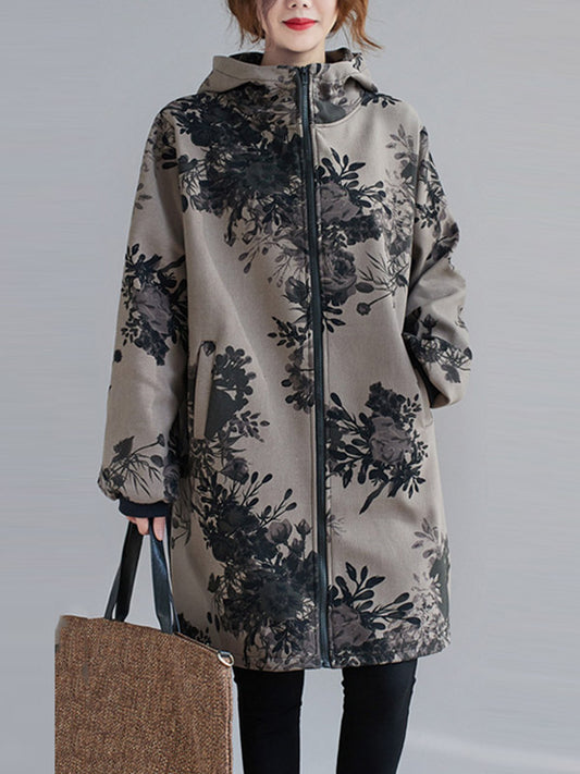 flowersverse Artistic Retro Loose Floral Printed Hooded Long Sleeves Outwear