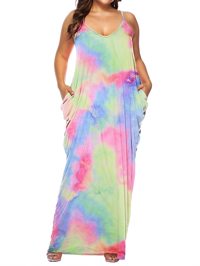 flowersverse Women's Plus Size Casual Dress Shift Dress Slip Dress Leaf Tie Dye Long Dress Maxi Dress Sleeveless Pocket Print Strap Fashion Daily Light Yellow White Spring Summer XL XXL 3XL
