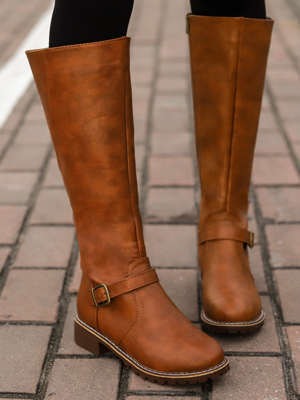 flowersverse Vintage Round Toe Buckle Tall Boots Chunky Heel Riding Boots