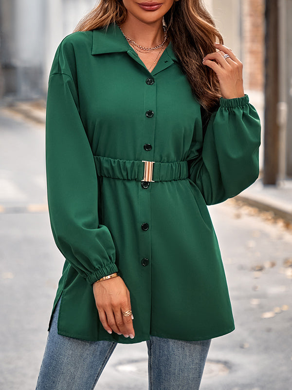 flowersverse Belted Solid Color Loose Lapel Shirts Tops Blouses&shirts Tops