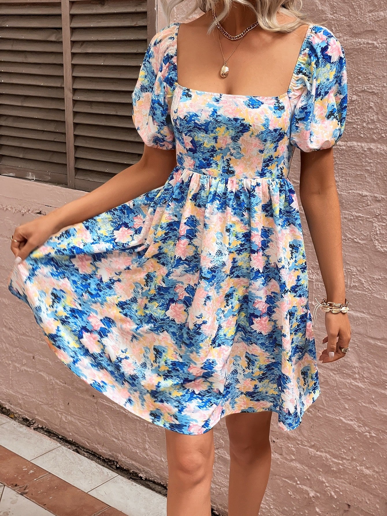flowersverse Floral Square Neck Puff Sleeve Dress