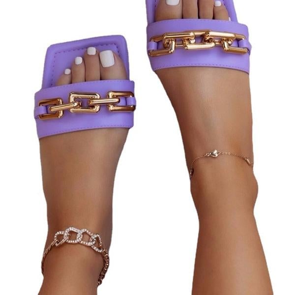 flowersverse Summer Fashion Women Flat Casual Slippers Square Toe Chain Sandals