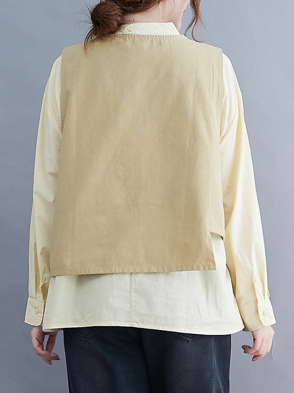 flowersverse Original Stand Collar Long Sleeves T-Shirt Top&Buttoned Vest Outwear 2 Pieces Set