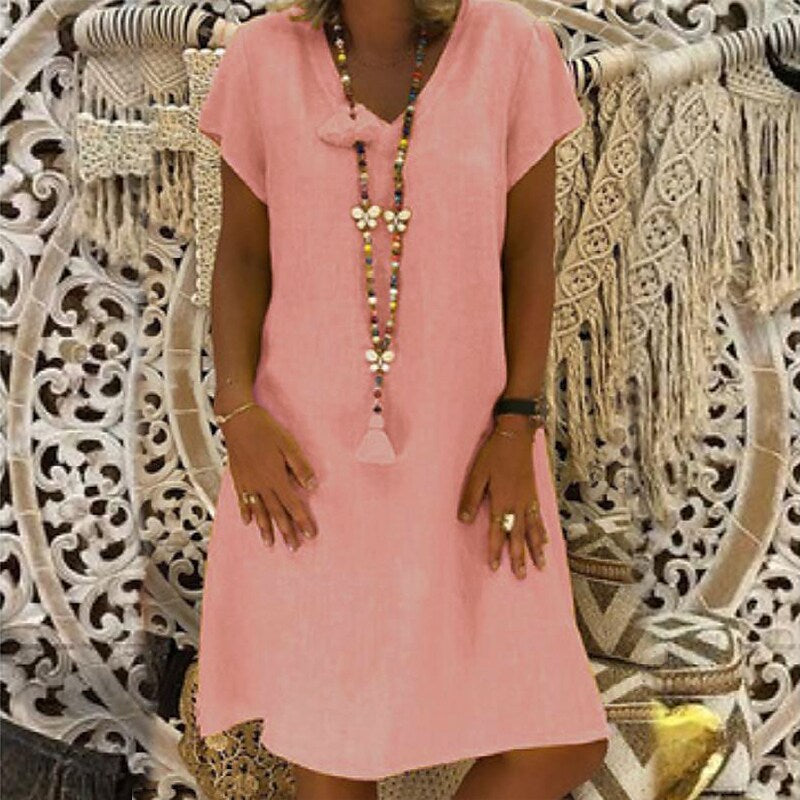flowersverse Women's Casual Dress T Shirt Dress Tee Dress Shift Dress Midi Dress Black Yellow Pink Short Sleeve Pure Color Patchwork Spring Summer V Neck Basic Daily Vacation Summer Dress Loose Fit S M L XL