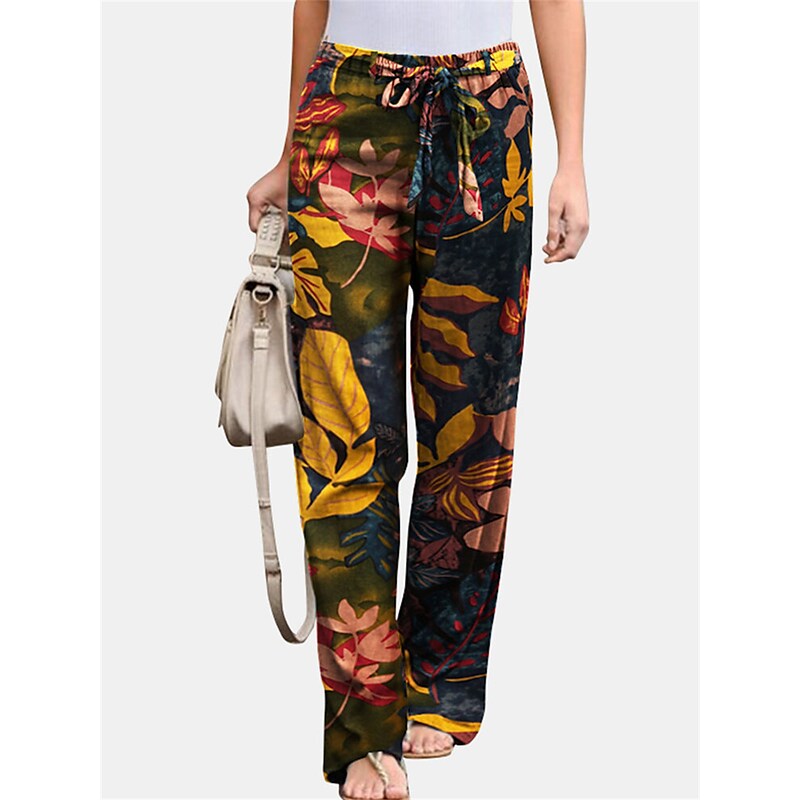 flowersverse Women's Plus Size Loungewear Pants Flower Leaves Basic Casual Comfort Home Daily Vacation Cotton Breathable Pant Spring Summer Yellow Fuchsia