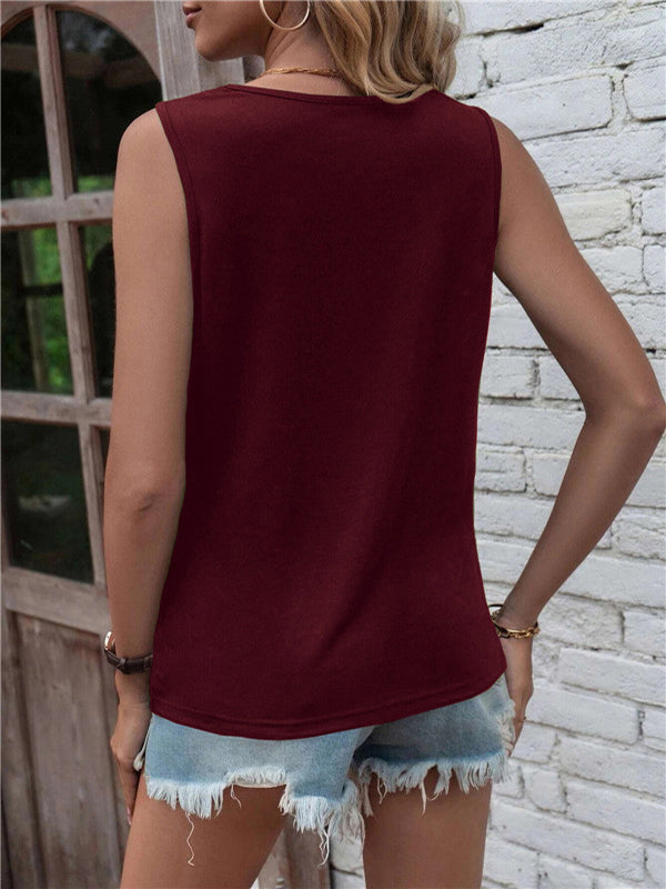 flowersverse Hollow Knot Pleated Solid Color Sleeveless Round-Neck Vest Top