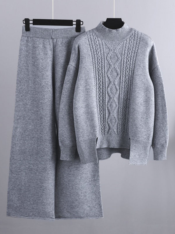 flowersverse Urban Loose Split-Side Half Turtleneck Sweater Tops& Wide Leg Pants Two Pieces Set
