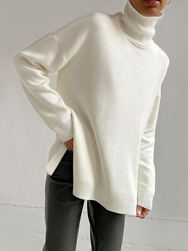 flowersverse Casual Loose Long Sleeves Split-Side Solid Color High-Neck Sweater Tops