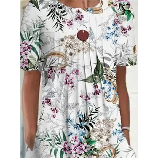 flowersverse Women's Casual Dress Summer Dress Print Dress Floral Ruched Pocket Crew Neck Mini Dress Active Fashion Daily Holiday Short Sleeve Regular Fit White Spring Summer S M L XL XXL