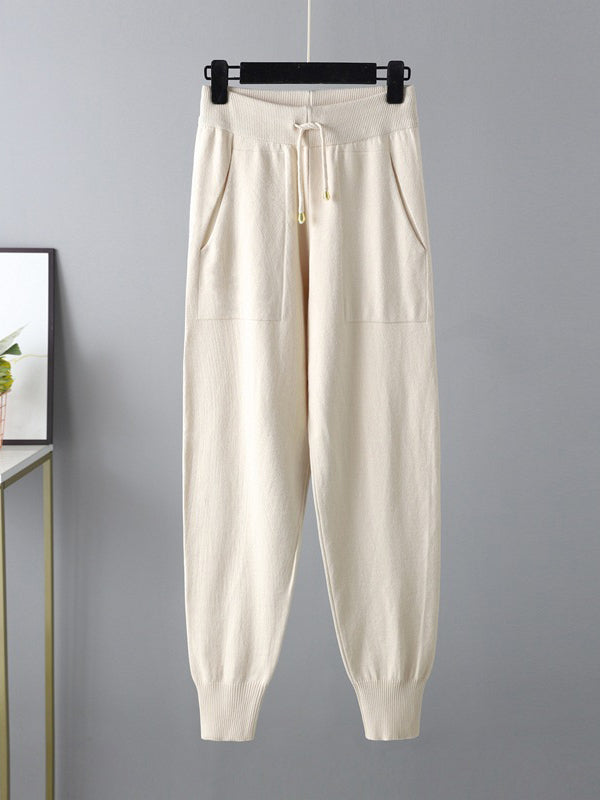 flowersverse Casual Loose Harem Pants Solid Color V-Neck Sweater Tops Pants Two Pieces Set