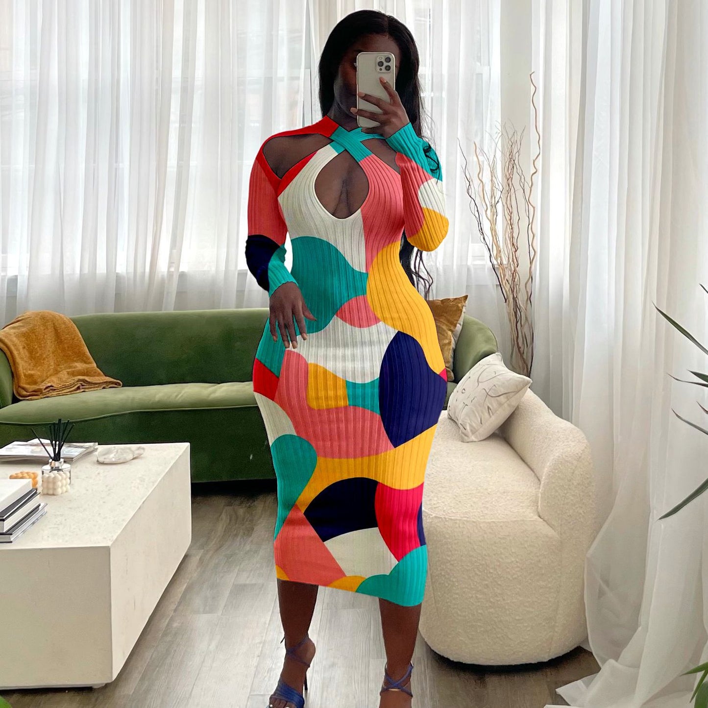 flowersverse Women's Multi-Color Ribbed Long Sleeves Midi Bodycon Dress