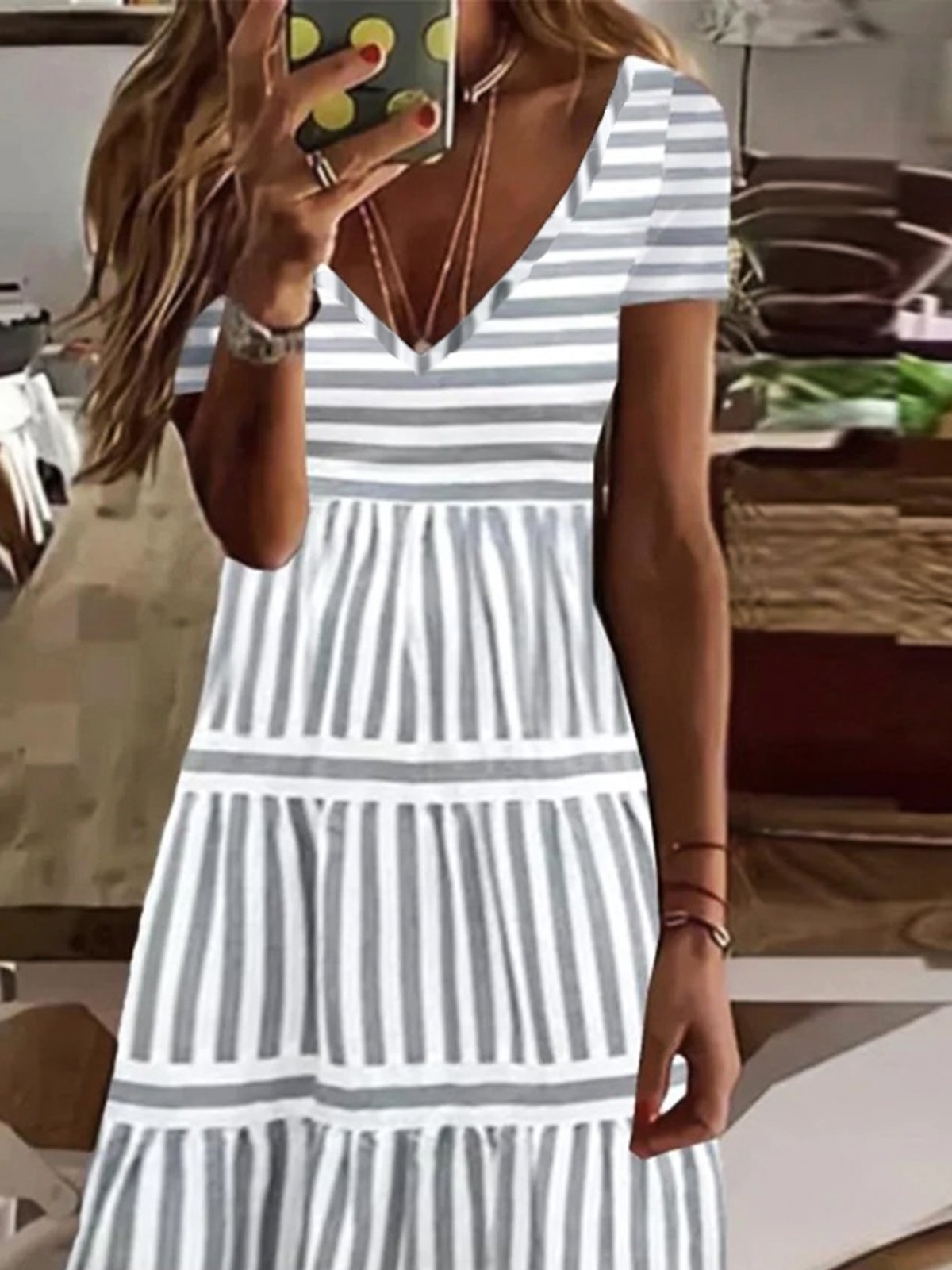 flowersverse V Neck Striped Casual Short Sleeve A-Line Dress
