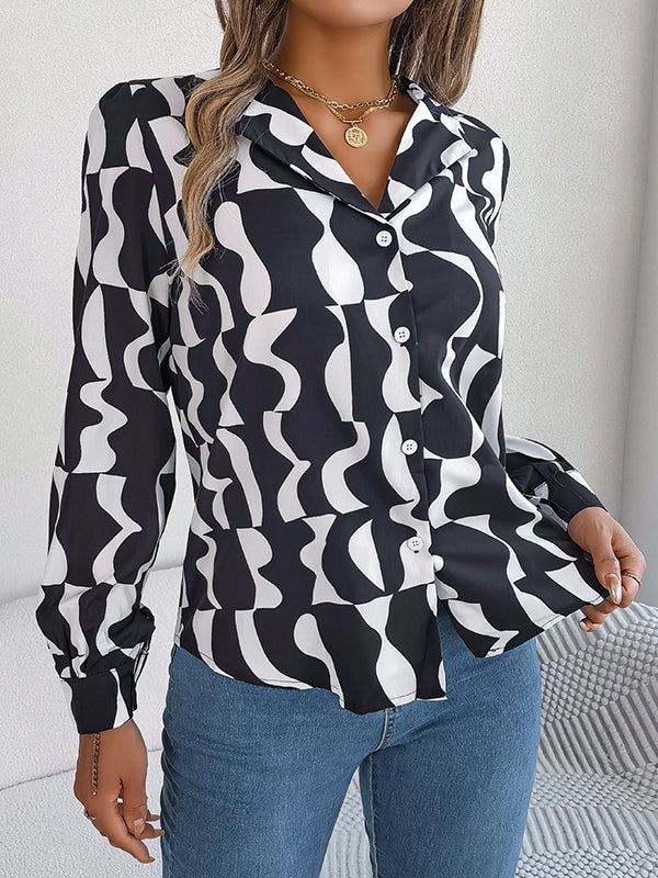 flowersverse Buttoned Contrast Color Long Sleeves Notched Collar Blouses&Shirts Tops