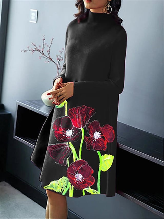flowersverse Women's Casual Dress Shift Dress Print Dress Floral Print Stand Collar Mini Dress Fashion Outdoor Daily Long Sleeve Regular Fit Black Red Winter Fall M L XL XXXL 4XL