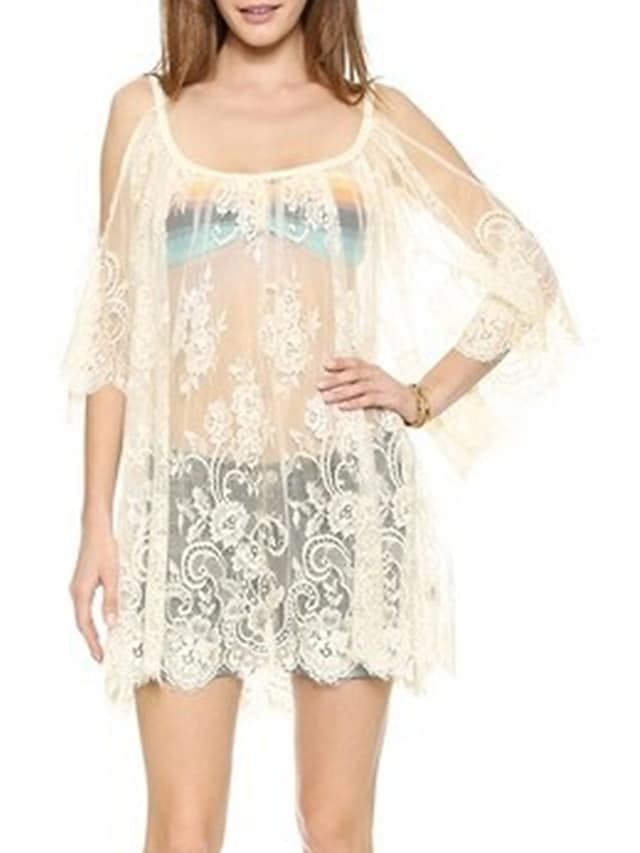 flowersverse Women's Cover Up Beach Dress Beach Wear Mini Dress Hole Basic Casual Floral Square Neck Long Sleeve Loose Fit Outdoor Daily Black White Spring Summer S M L XL