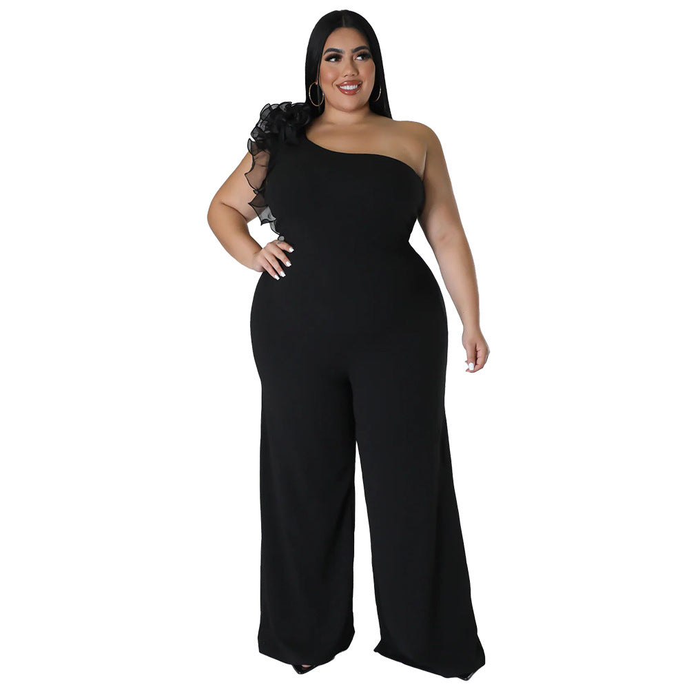 flowersverse Plus Size Ladies One Shoulder Mesh Wide Leg Pants