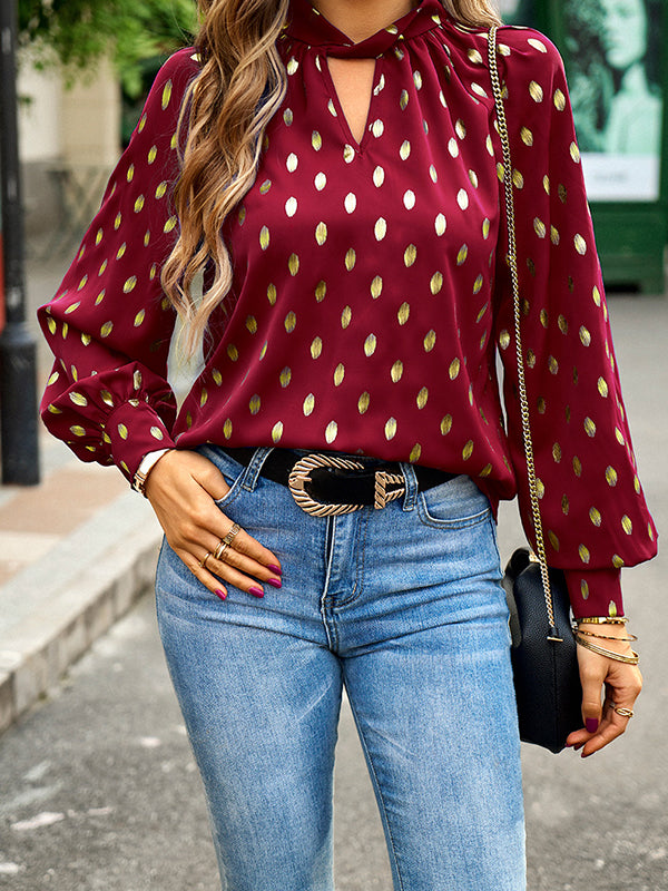 flowersverse Bronzing Hollow Long Sleeves Loose Mock Neck Blouses&Shirts Tops
