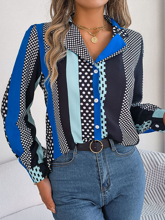 flowersverse Buttoned Contrast Color Polka-Dot Long Sleeves Notched Collar Blouses&Shirts Tops