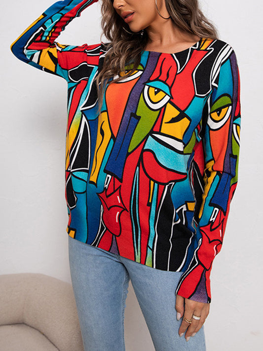 flowersverse Figure Printed Long Sleeves Loose Round-Neck Sweater Tops Pullovers Knitwear