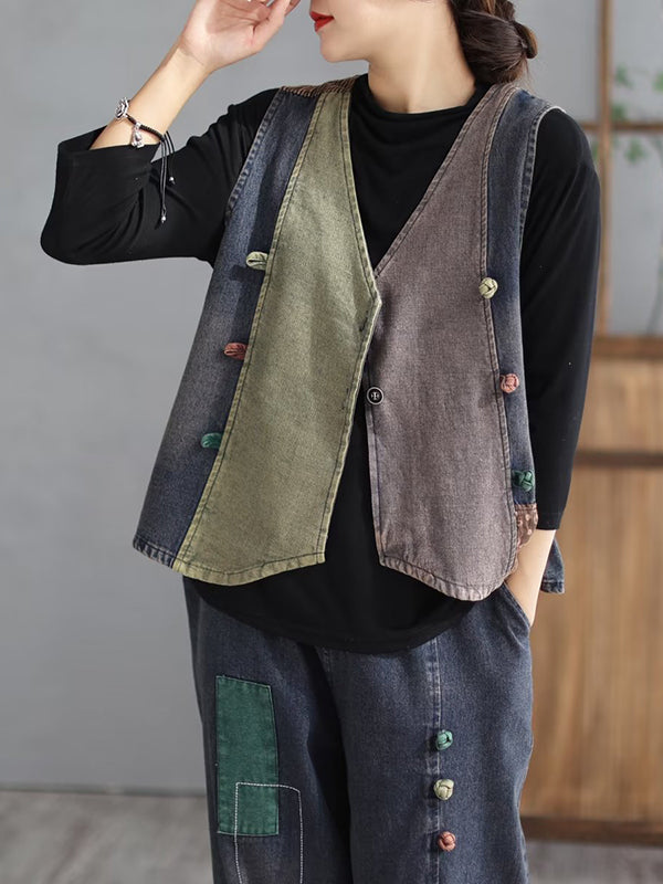 flowersverse Loose Split-Joint V-Neck Vest Top + Jean Harem Pants Bottoms Two Pieces Set