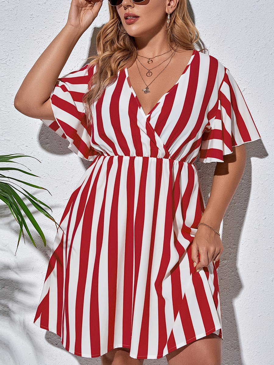 flowersverse Holiday Short Sleeve V Neck A-line Weaving Dress