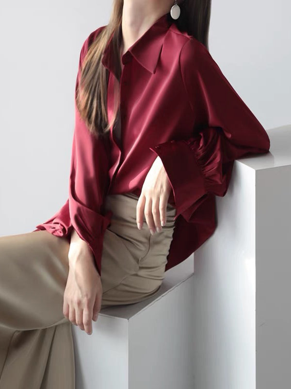 flowersverse Casual Long Sleeves Loose Solid Color Lapel Collar Blouses&Shirts Tops