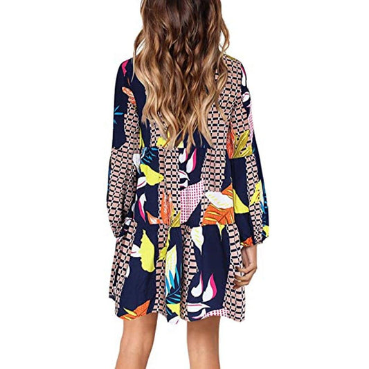 flowersverse Fashion Womens Long Sleeve Dress Maple Leaf Printed Swing Loose Comfy Casual Dress A-line Fashion Dress#D3