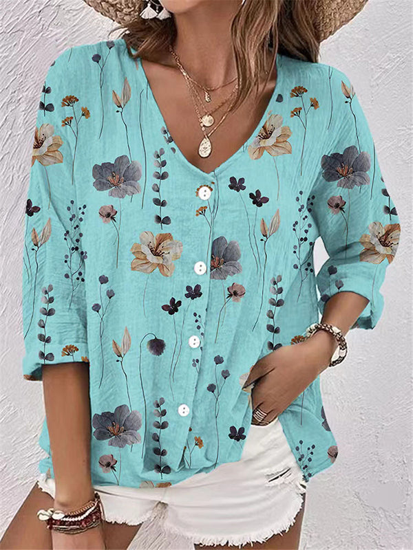 flowersverse Buttoned Flower Print Long Sleeves Loose V-neck Blouses&shirts Tops