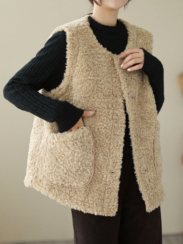 flowersverse Buttoned Pockets Loose Sleeveless Round-Neck Vest Outerwear