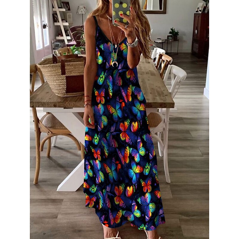 flowersverse Women's Long Dress Maxi Dress Casual Dress Swing Dress Graphic Casual Classic Vacation Beach Pocket Print Sleeveless Spaghetti Strap Dress Regular Fit Light Yellow Yellow Blue Spring Summer XS S M L