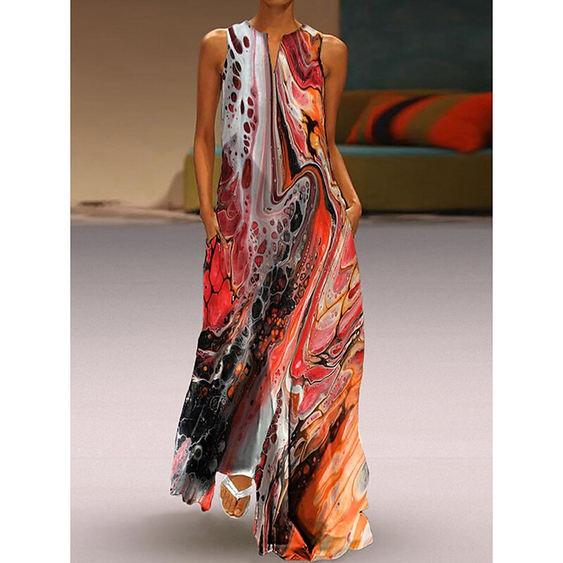 flowersverse Women's Long Dress Maxi Dress Casual Dress Sheath Dress Swing Dress Floral Cat Fashion Casual Daily Holiday Going out Pocket Print Sleeveless V Neck Dress Regular Fit Red Blue Green Spring Summer XS