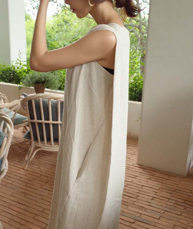 flowersverse Loose Cotton Vest Dress New Round Neck Sleeveless Long Dress Linen