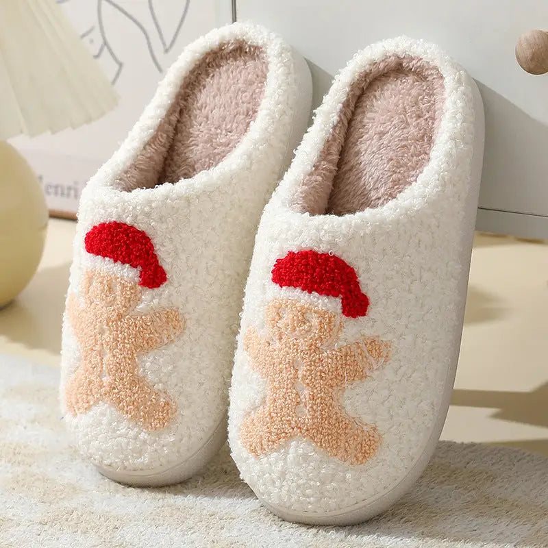 flowersverse Christmas Home Slippers Cute Cartoon Santa Claus Cotton Slippers For Women And Men Couples Winter Warm Furry Shoes