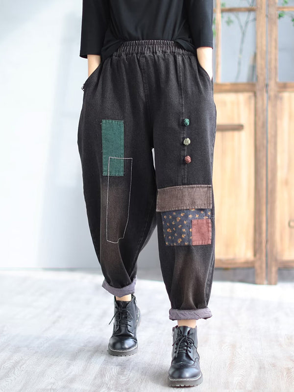 flowersverse Loose Split-Joint V-Neck Vest Top + Jean Harem Pants Bottoms Two Pieces Set