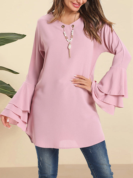 flowersverse Hollow Layered Flared Sleeves Long Sleeves V-Neck Blouses&Shirts Tops
