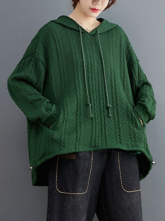 flowersverse Artistic Retro Long Sleeves Loose Drawstring Solid Color Hoodies&Sweatshirt Tops