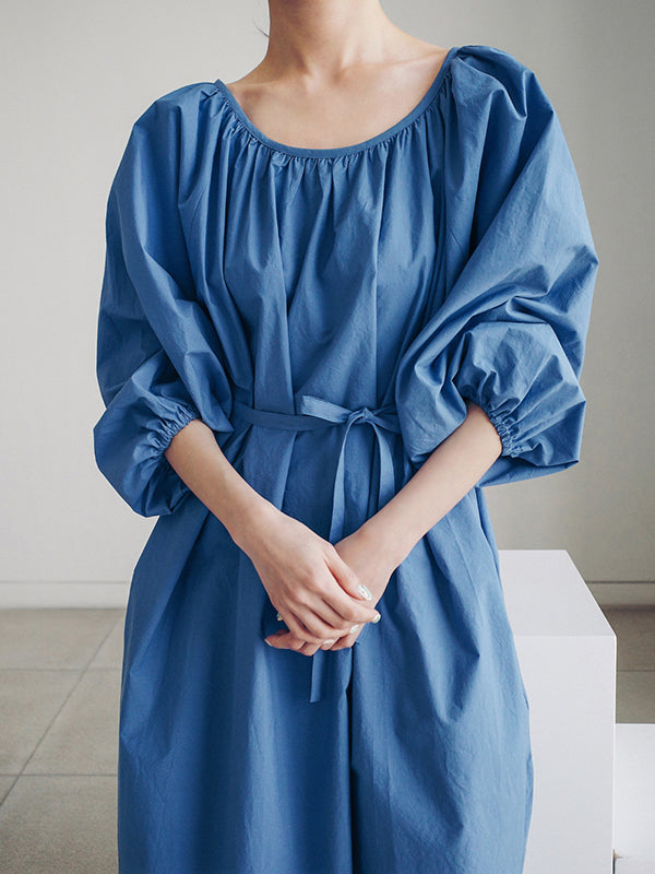 flowersverse Original Casual Loose Solid Color Pleated Puff Sleeves Midi Dress