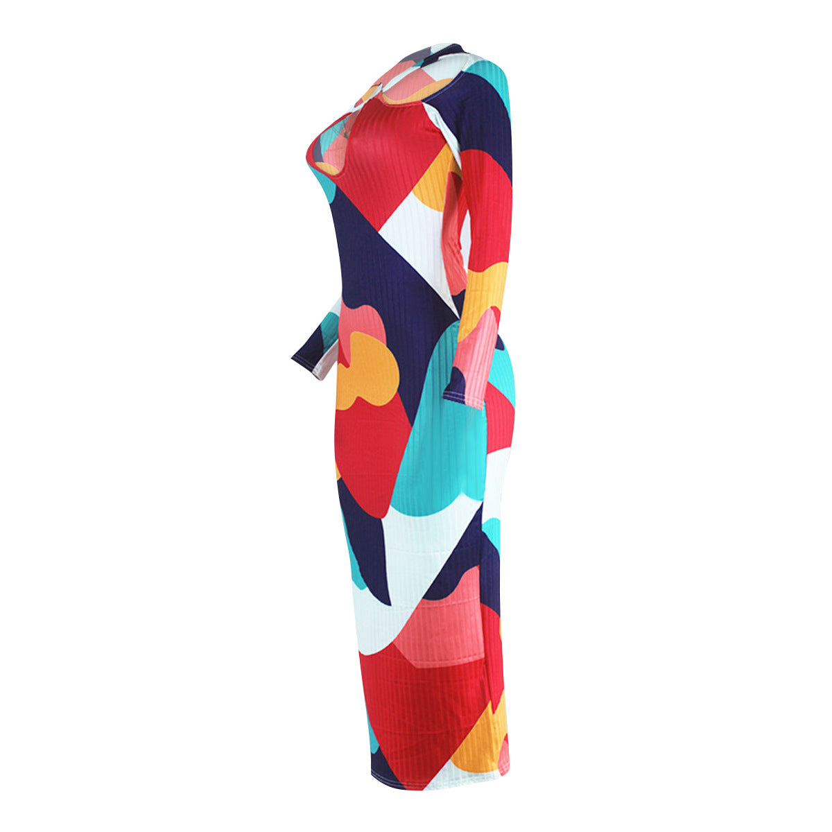 flowersverse Women's Multi-Color Ribbed Long Sleeves Midi Bodycon Dress